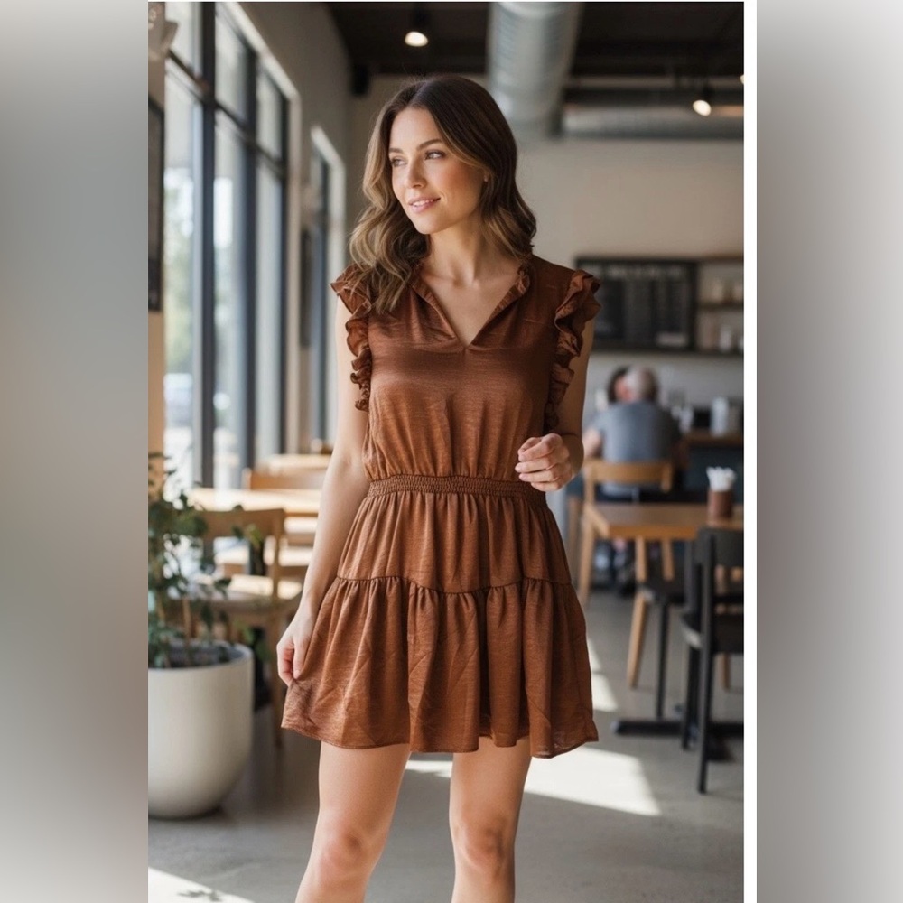 Steve Madden Prairie Dreams Dress Bronze Ruffle Sleeveless Mini Dress NWT